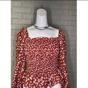 Crystal Doll Floral Print Smocked Long Puff Sleeve Shirt.